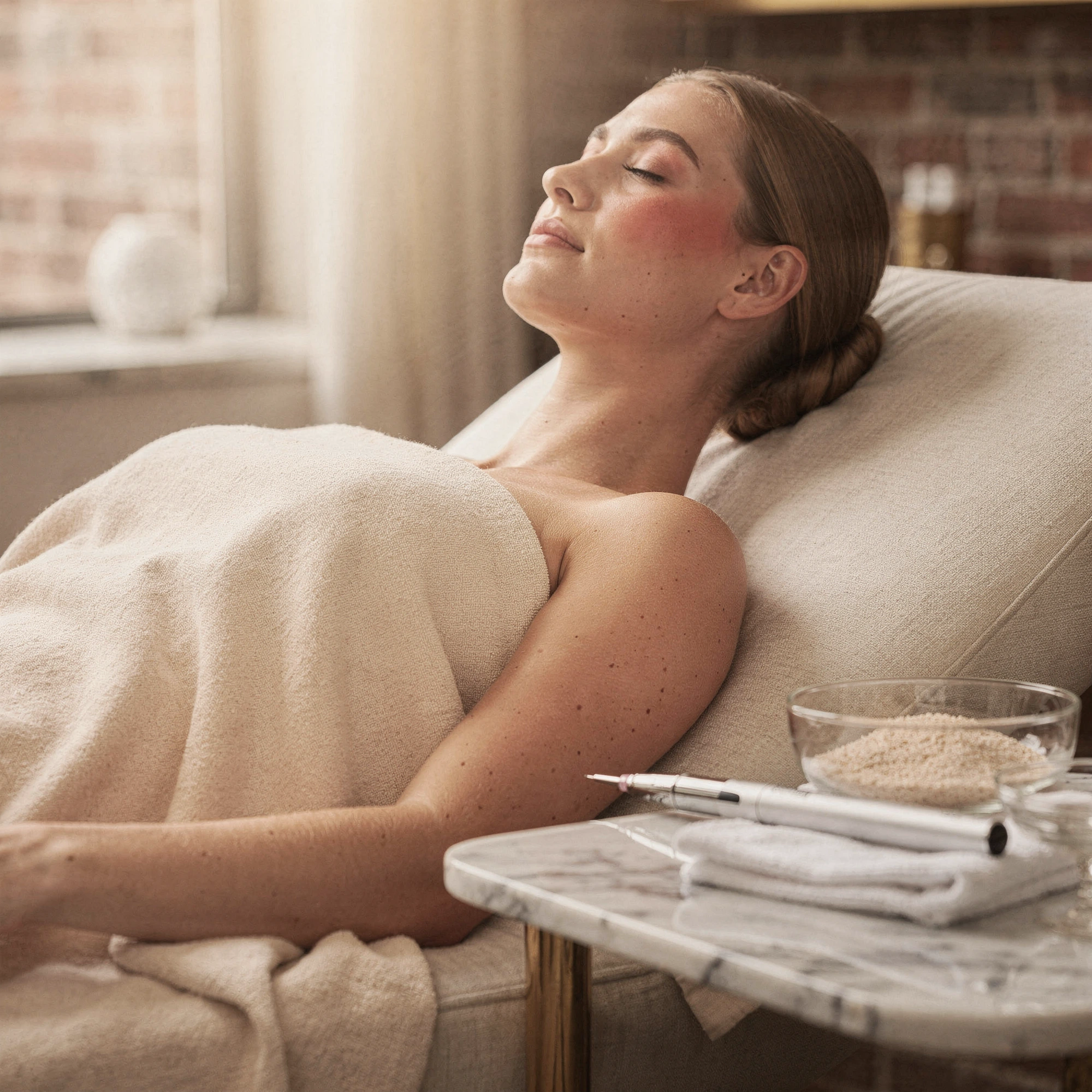 Woman relaxing on treatment bed with microneedling supplies and skincare products on nearby table